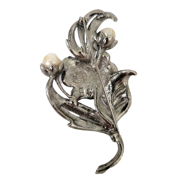 KJL Kenneth J Lane for Avon Marcasite Floral Brooch Pin With Faux Pearls Vtg - Picture 6 of 7